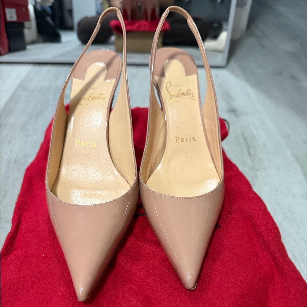 Christian Louboutin Nude Patent Pointed Toe Slingback Pumps